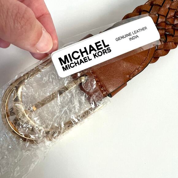 NEW Michael Kors Brown Braided Genuine Leather Belt Gold MK Logo Buckle S/M main image 6